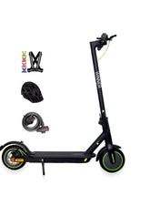 Winner 350W adult commuter scooter in black with green accents including helmet, lock, and colorful handlebar grips